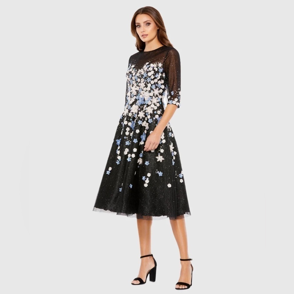Mac Duggal 11161 NWT Floral Embroidered A-Line Tea-Length Cocktail Dress